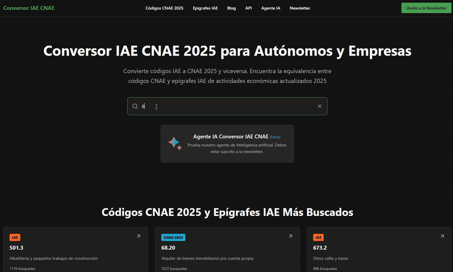 Demo del Conversor IAE CNAE mostrando búsqueda en tiempo real, selección de códigos y visualización de equivalencias